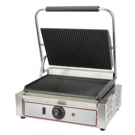 Kontaktgrill 1 fedlapos, bordás sütőfelület, bordás fedlap, 50-300°C-ig termosztát, sütőfelület: 335×230, 230 V/2,2 kW, 430×310×220