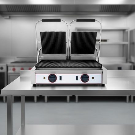 Kontaktgrill 2 fedlapos, bordás sütőfelület, bordás fedlap, 50-300°C-ig termosztát, sütőfelület: 475×230, 2×1,8 kW
