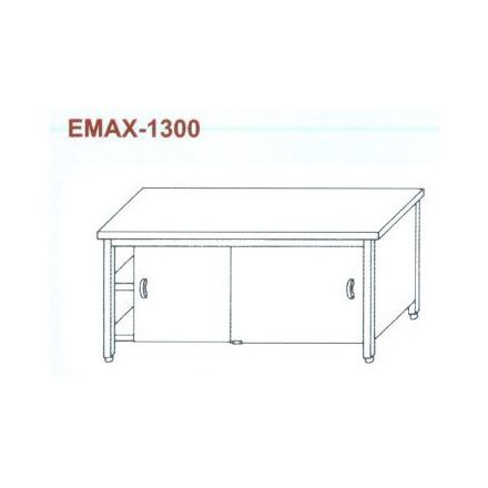 Rozsdamentes munkaasztal 3 old. zárt, elöl tolóajtó, alsó és köztes polccal Emax-1300, 1.4016-os anyagból 1300×700×850