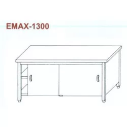   Rozsdamentes munkaasztal 3 old. zárt, elöl tolóajtó, alsó és köztes polccal Emax-1300, 1.4016-os anyagból 1500×700×850