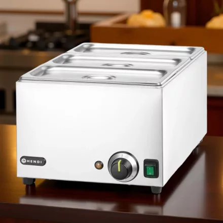 Melegentartó bain-marie + 3×GN 1/3 100 mm edény fedővel, vízfürdős GN 1/1