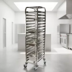   Tálcatartó regálkocsi, mobil állvány, 18 db GN 1/1 (32,5×53 cm) tálcához, rozsdamentes