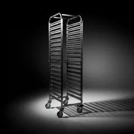   Tálcatartó, tálcaleszedő regálkocsi, mobil állvány, 18 db trapéz tálcához (48×34 cm), rozsdamentes