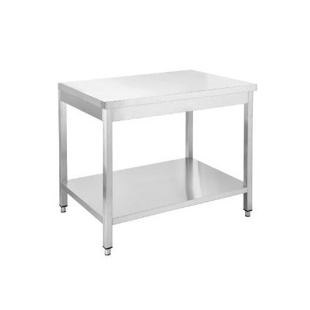Rozsdamentes munkaasztal alsó polccal, 1000×600×850 mm, lapra szerelt