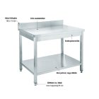 Rm. munkaasztal alsó polccal, hátsó felhajtással (100 mm), 1000×600×850 mm, lapra szerelt