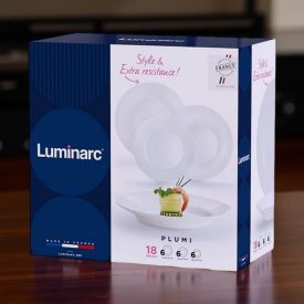   Plumi fehér étkészlet, 18 részes, temperált, kerek, üveg