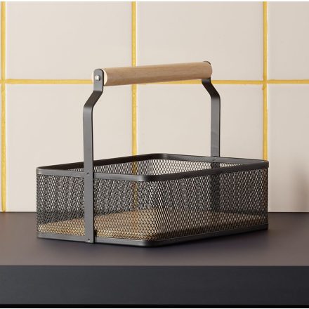 Fémkosár fa fogóval, 23,5×15,6×7,5 cm, porszórt fekete
