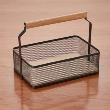 Fémkosár fa fogóval, 23,5×15,6×7,5 cm, porszórt fekete