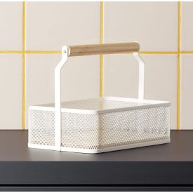 Fémkosár fa fogóval, 23,5×15,6×7,5 cm, porszórt fehér