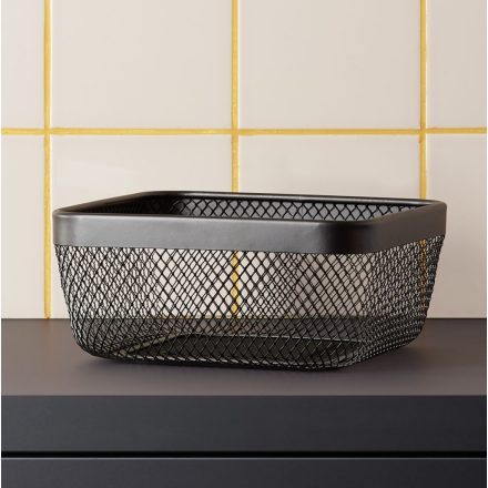 Gyümölcskosár, fémkosár, 24,5×24,5×11 cm, porszórt fekete