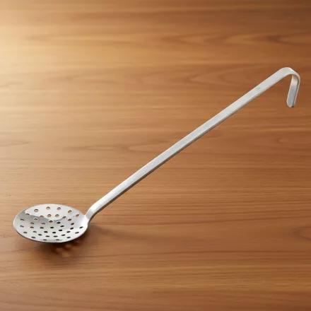 Szűrőkanál, kerek, rozsdamentes, nyélhossz.: 27 cm, átmérő 8 cm